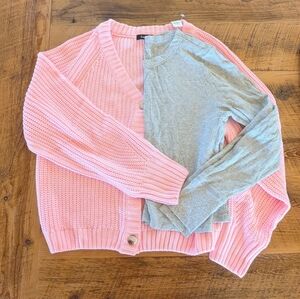 Pink Knit Cardigan & Gray Aerie Pullover